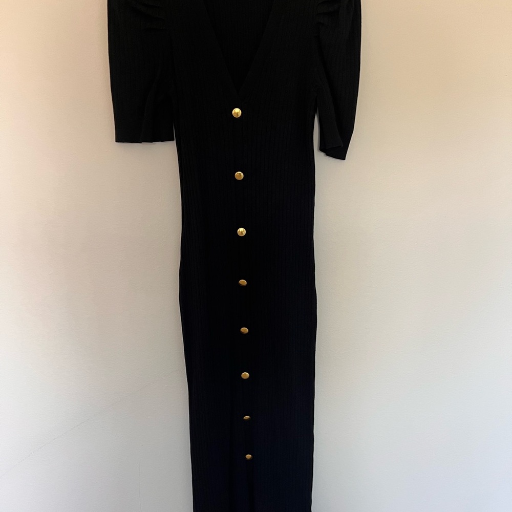 Express Black Ribbed Midi Dress with Gold Buttons